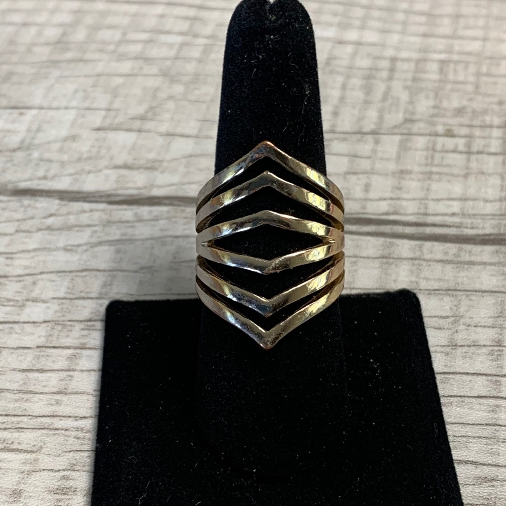 Gold Tone Multi Layer Chevron Statement Ring Size 8.5 Geometric Stacked Band